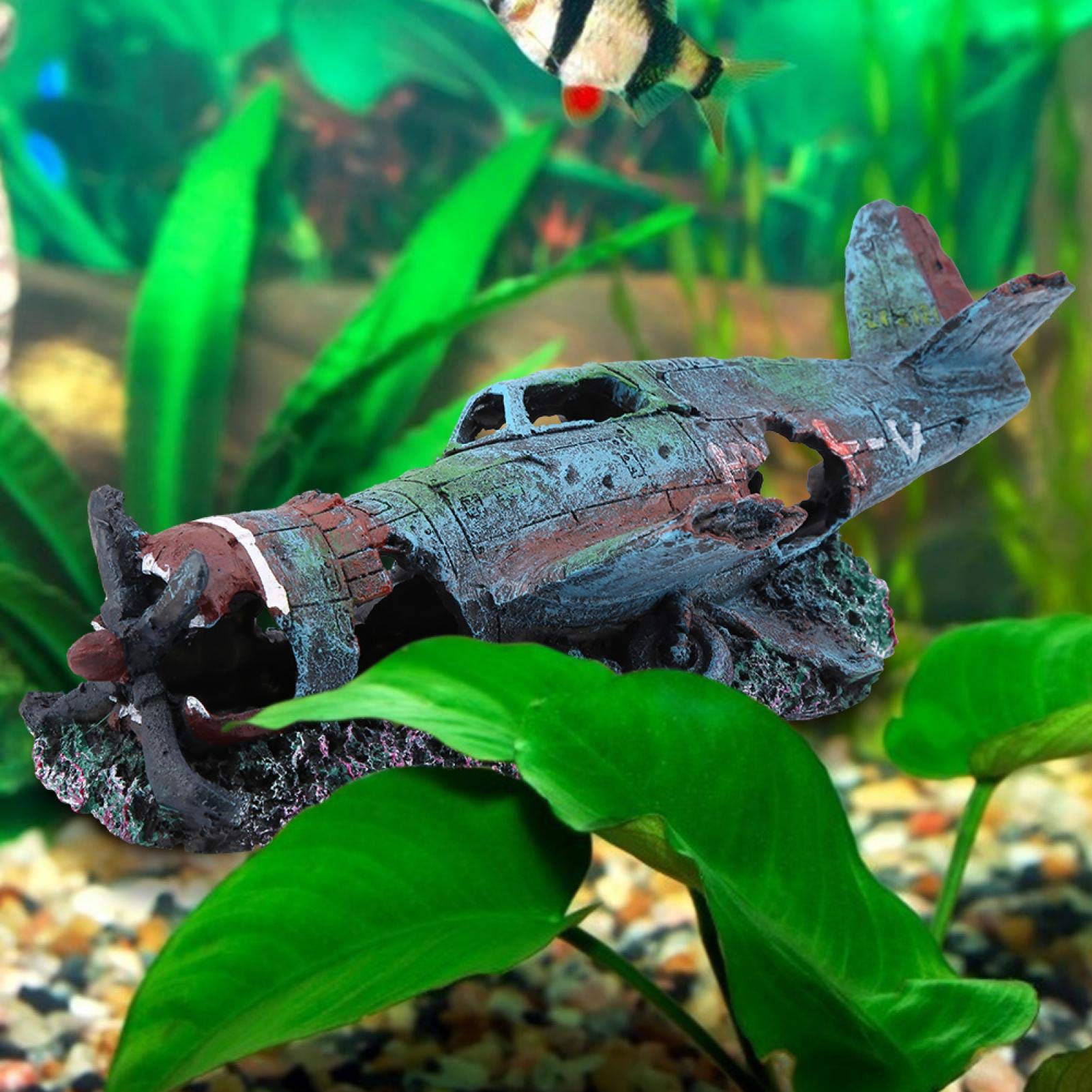 Plane Wreck Ruin Fish Tank Aquarium Ornament, Aquarium Ornament 9.4 * 3.9 * 3.1 in Plane Aquarium Fish Tank Ornament Fish Tank Decoration Resin Aquarium Accessories for Outdoor Home Aquarium Fish Tank - Image 3
