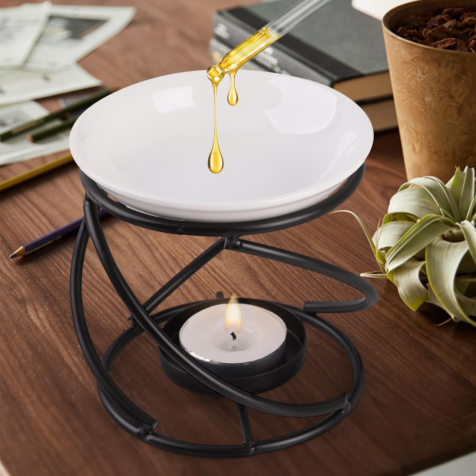 Aromatherapie-Brenner, Stilvoller Schmelzwärmer, Teelichthalter, Metallgestell for Wohnraum und Schlafzimmer, Schreibtisch-Ornament, Wachsschmelzwärmer(Black)