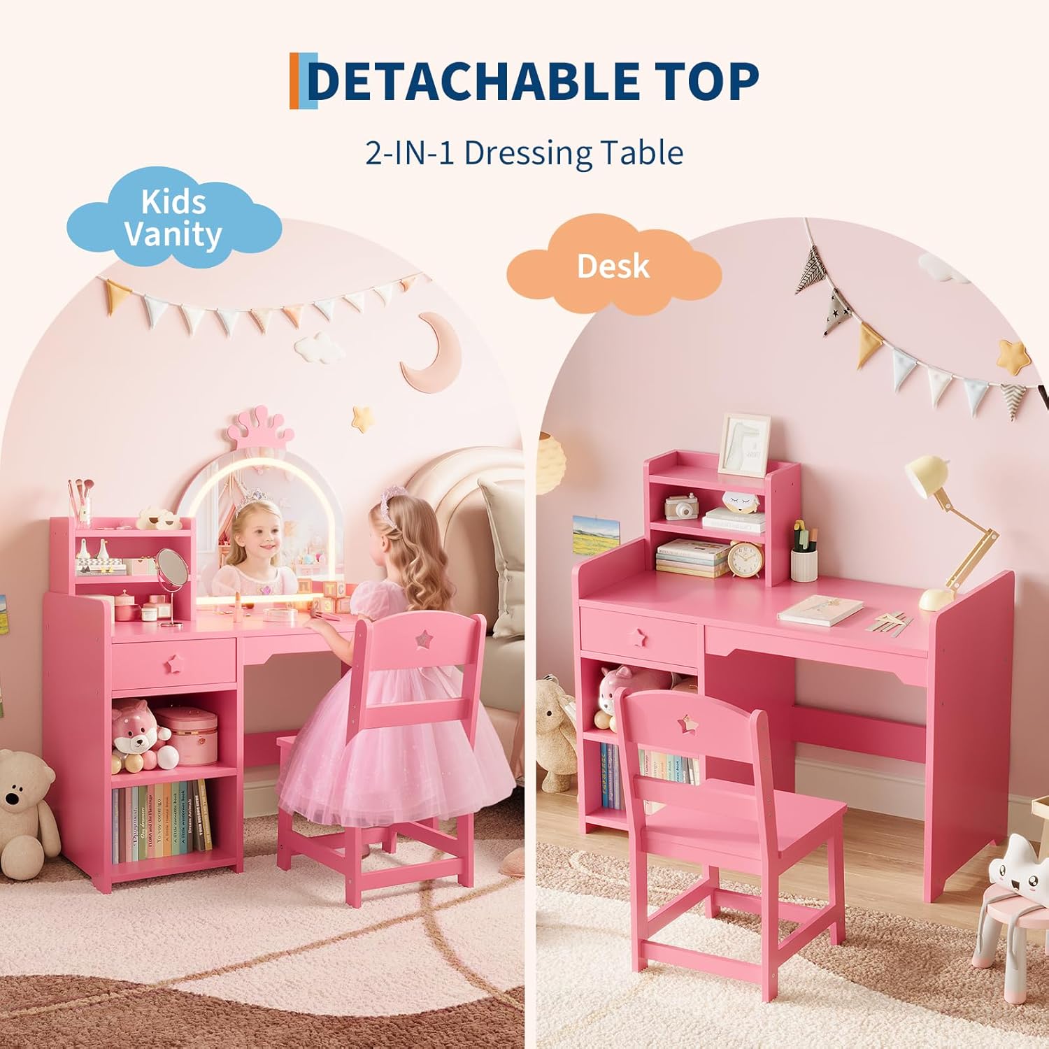 Kids Vanity Table and Chair Set w/LED Lighted Mirror, Wooden Princess Makeup Desk w/Drawer & Shelves for Toddler Girls Bedroom