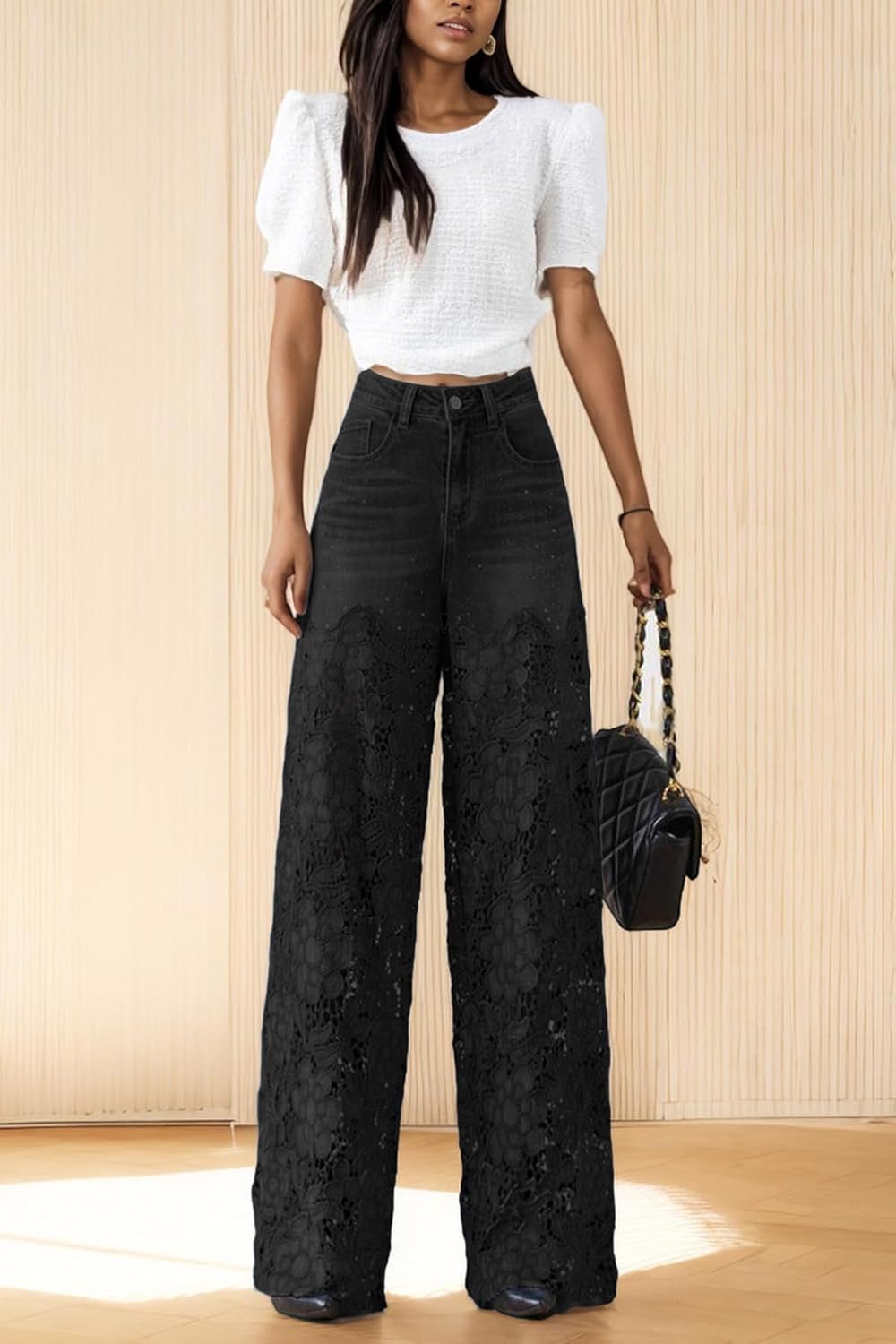 Women's Lace Patchwork Jeans High Waisted Straight Wide Leg Hollow Out Sheer Flower Baggy Stetch Denim Pants - Image 4