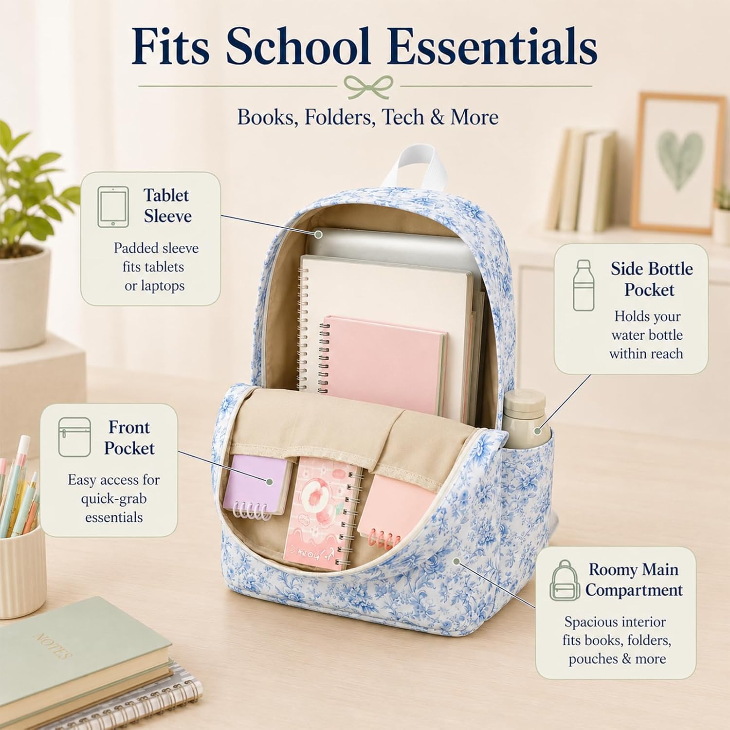 Bluboon Teens Backpack Set Girls School Backpack Lunch Box Pencil Bags Student Bookbags 3 in 1 (Blue Toile Floral 231) image 4