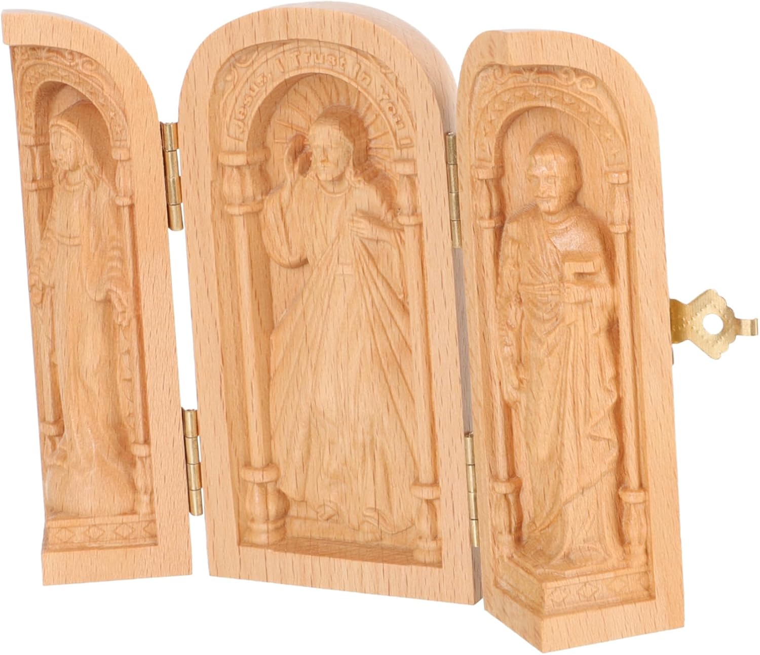 MAGICLULU Creative Retro Catholicism Statue Folding Box Beech Wood Craft Figurine for Home Office Prayer Display Stable Religious Ornament with Three Section Sculpture Design