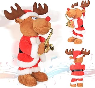 Singing Saxophone Rudolph Reindeer Plush – 14'' Animated Christmas Reindeer with Dancing Movements, Musical Holiday Decoration and Fun Xmas Gift for Kids and Families