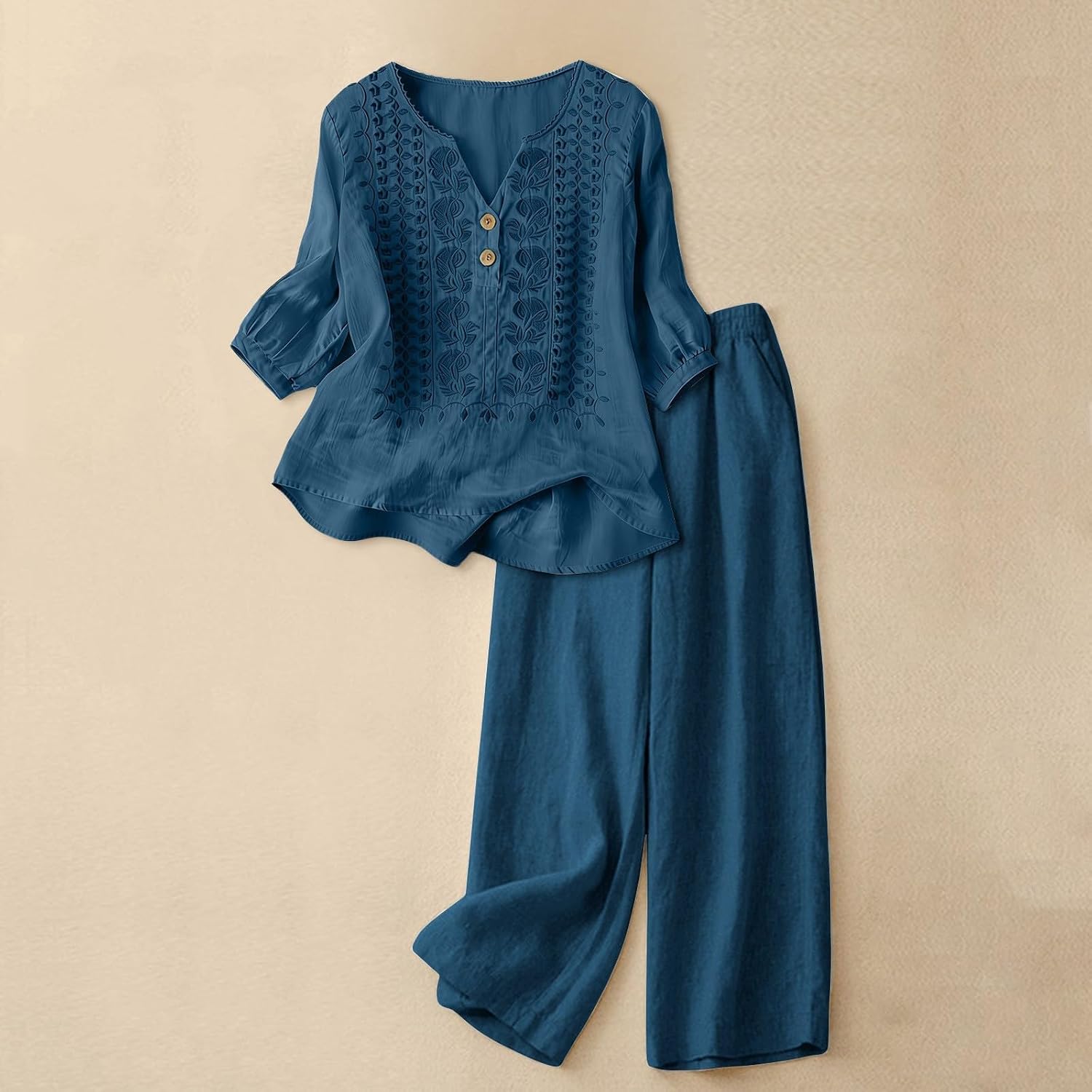Women Linen Sets 2 Piece Outfits Lightweight V Neck Embroidered Elbow Sleeve Tops Baggy Linen Pants Set Lounge Sets