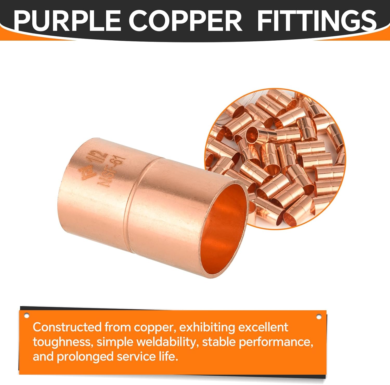 50-Pack HeSun Copper Fittings, 1/2-Inch Copper Coupling with Rolled Stop, C x C with Sweat Solder Connection(COPPER001)