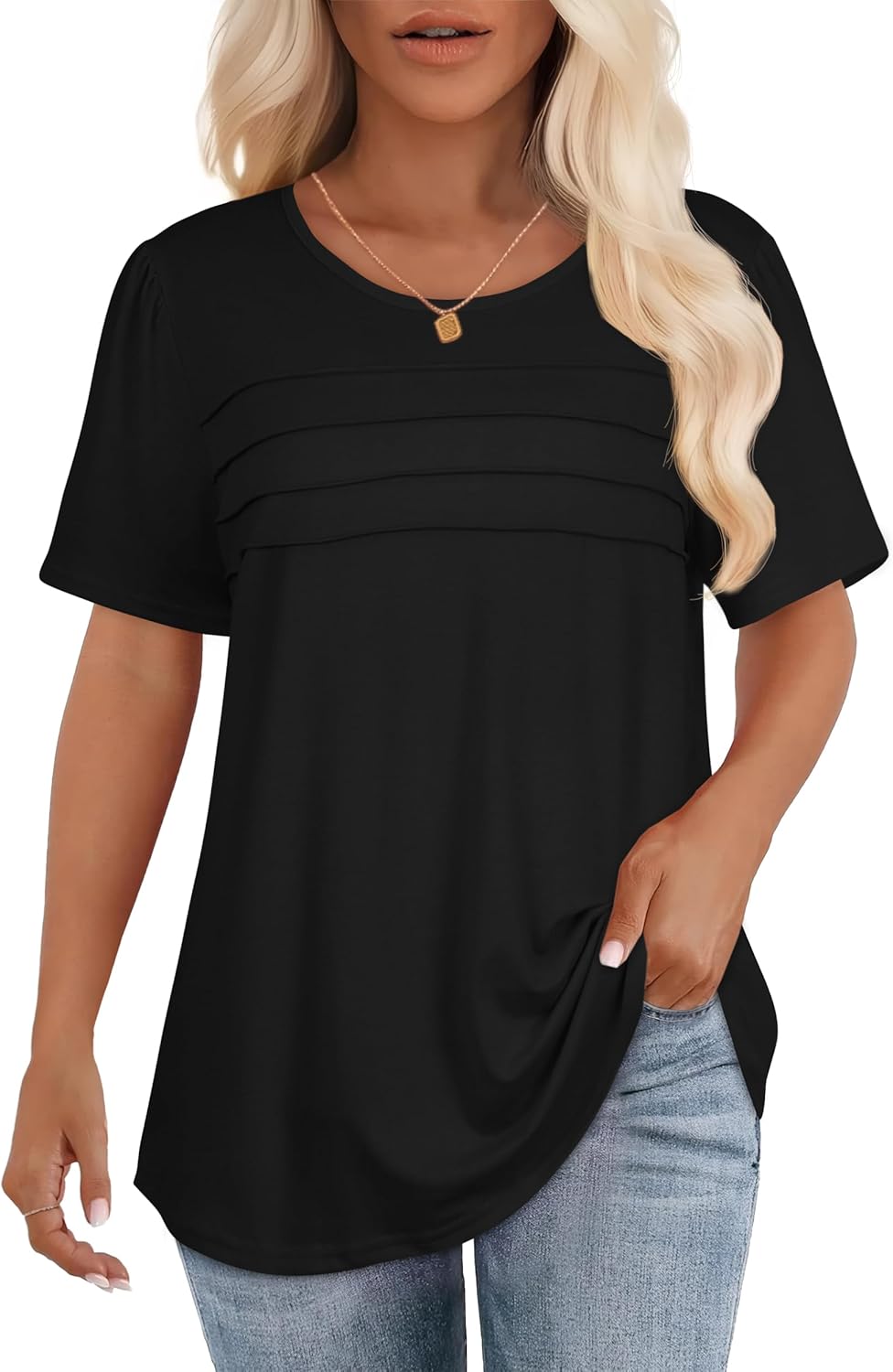 Short Sleeve Tops Womens T Shirts Blouses Dressy Casual Pleated Front Loose fit Outfits - Image 2