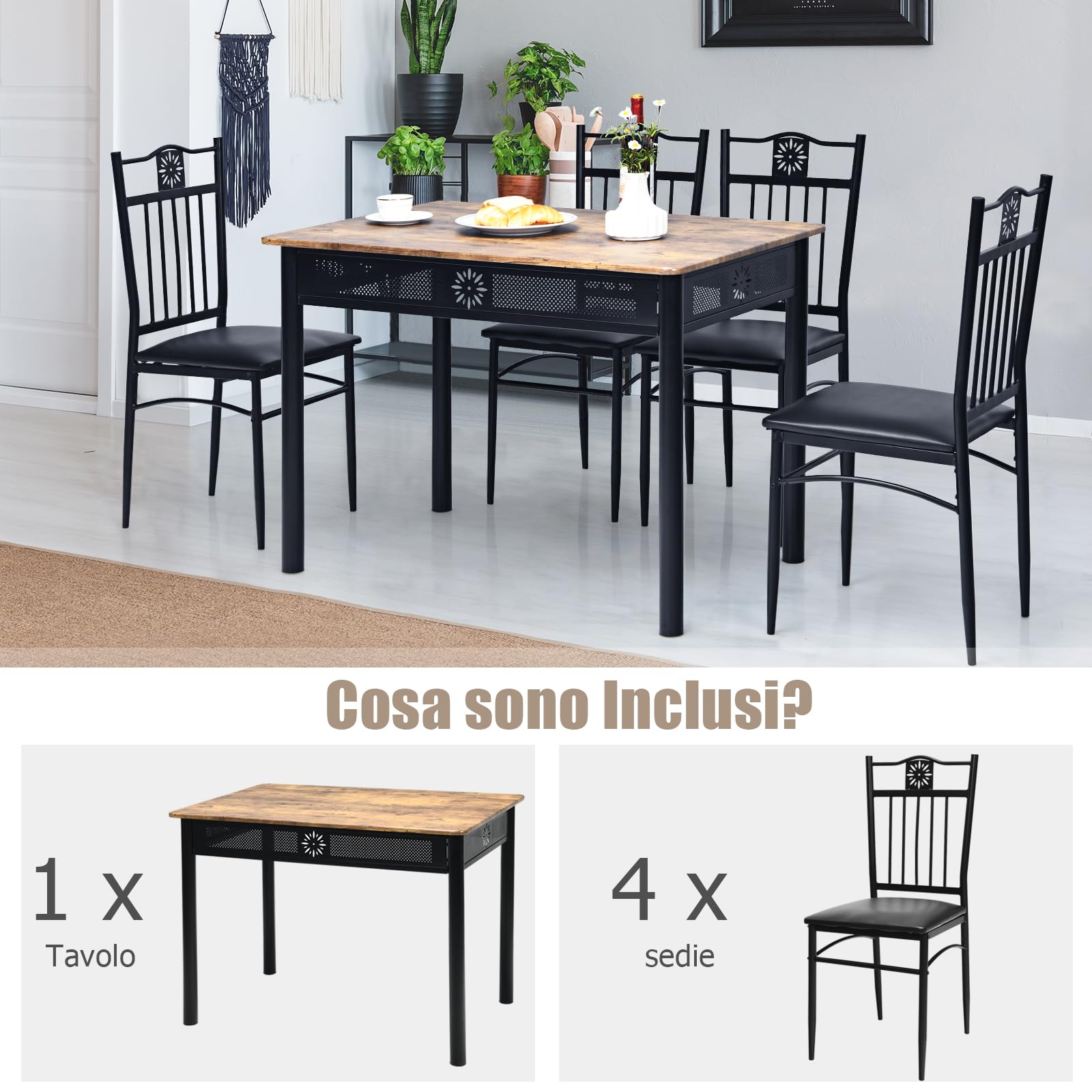 RELAX4LIFE Set Tavolo e 4 Sedie da Cucina, 5 Pezzi, per 4 Persone, Tavolo Rettangolare : 110 x 70x 76 cm, 4 Sedie Imobottite con Schienali: 41 cm x 47 cm x 93 cm，Per Bar, Cucina, Soggiorno (Nero)