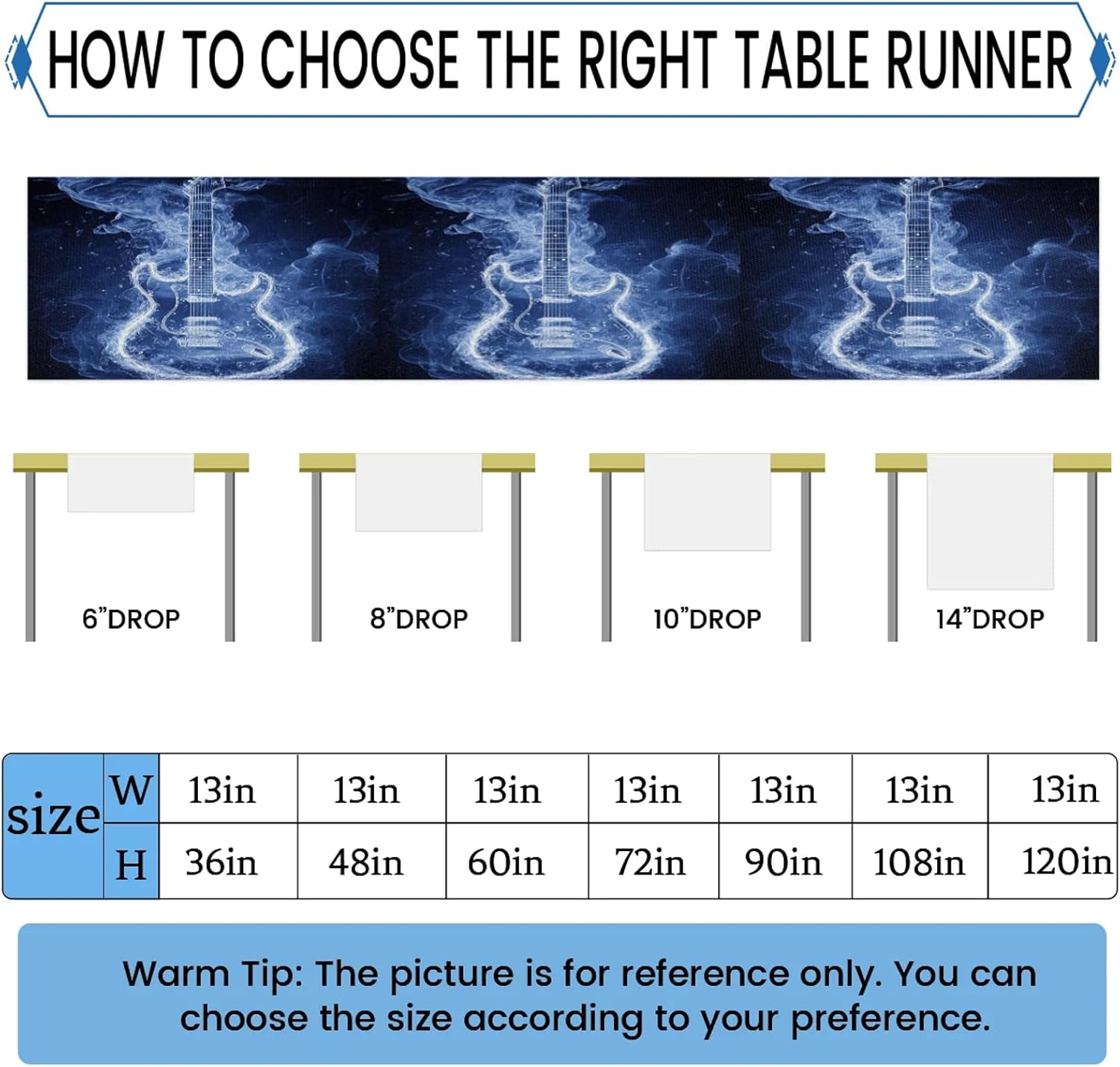 Table Runner 120 in Long Art Water Guitar Table Runners 13'' x 120'' for Dining Room Kitchen Home Holiday Anniversary Party Table