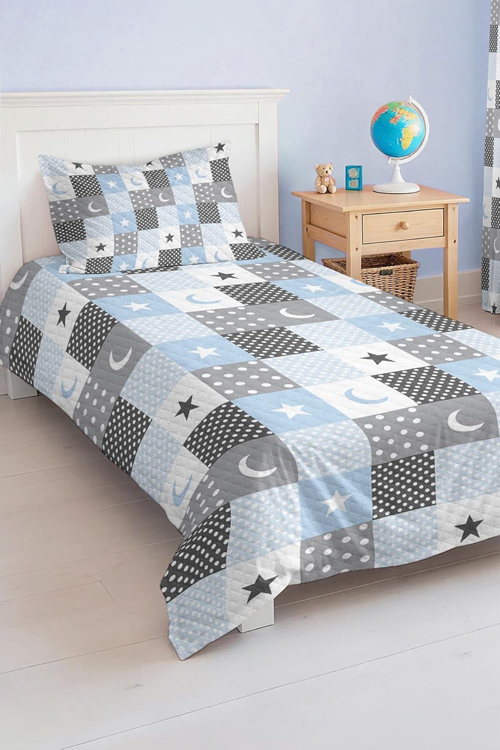 SODEF Quilt Set Twin Size Stars and Moon Pattern Kids and Teens Room Bedspread Coverlet, 2 Piece Cotton Polyester Blend Lightweight Bedding - Multicolor, One Size