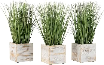 MyGift Artificial Green Grass Plants Trio in Shabby White Washed Solid Wood Planter Boxes, Faux Greenery in Decorative 4 Inch Square Wooden Containers, Set of 3