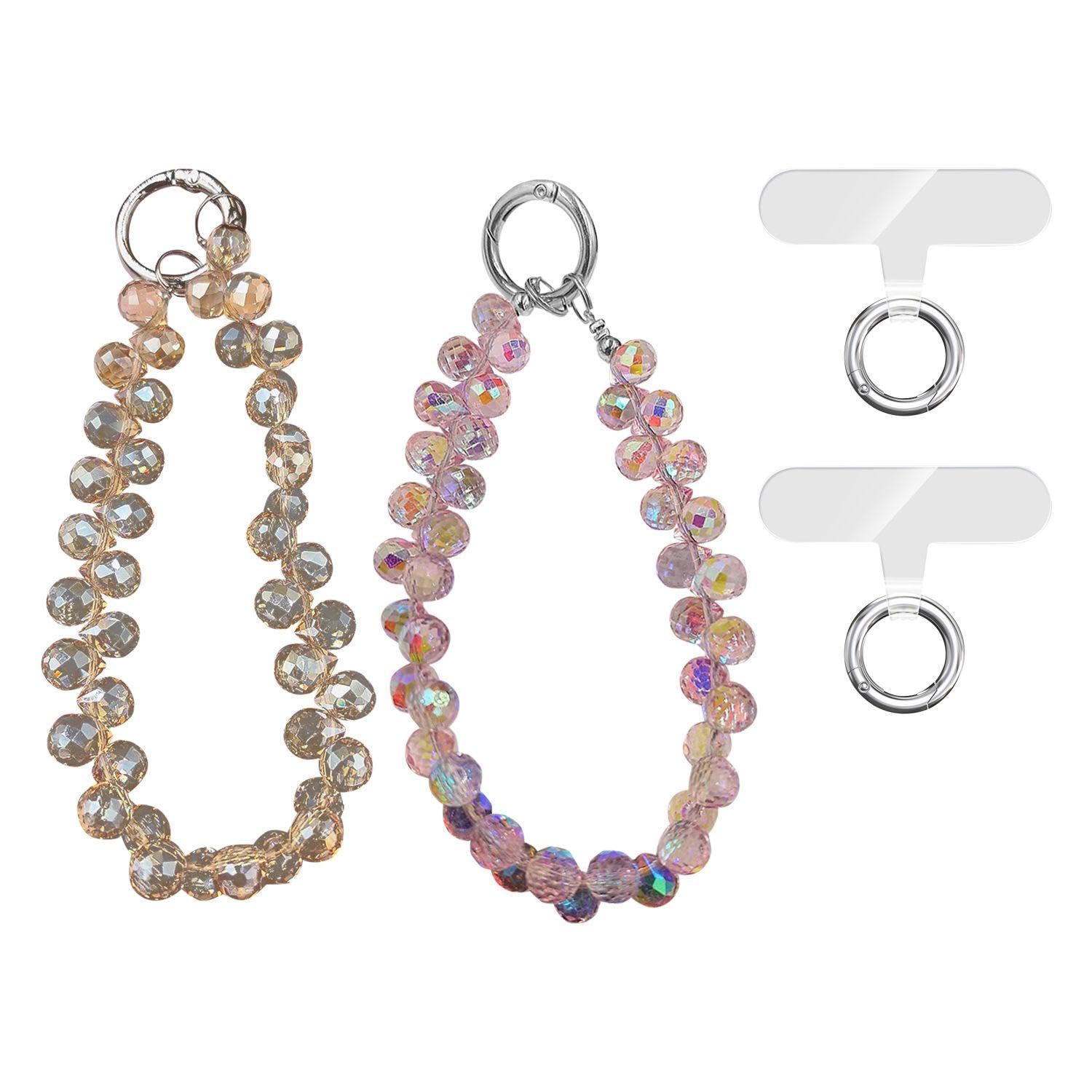 MEMOFYND 2-in-1 Mobile Phone Accessory: 2 Beaded Chains & 2 Crystal Pendants, Champagne & Pink, 14cm Long