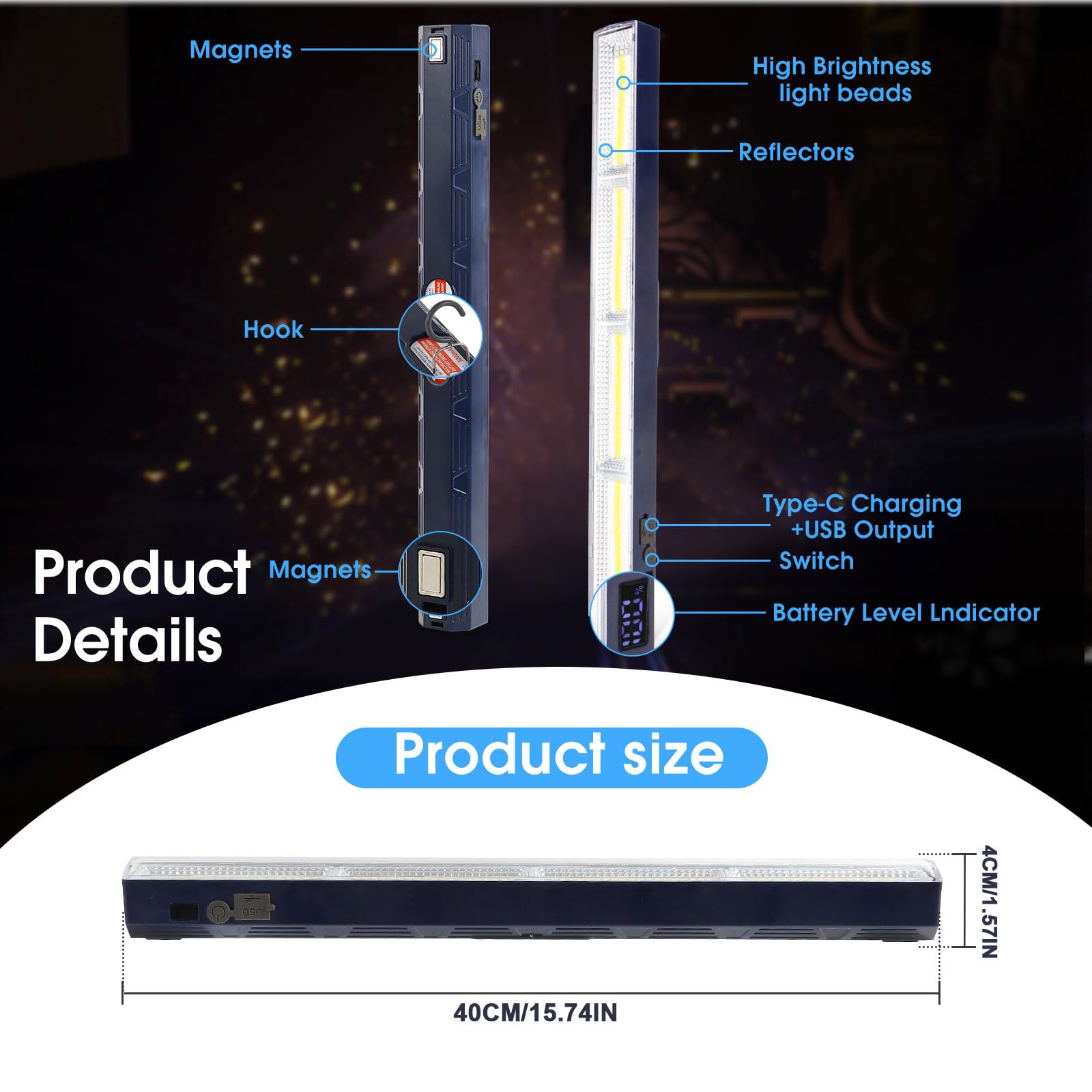 Luci magnetiche ricaricabili, confezione da 2, 4000 lumen, 7200 mAh, 40 cm, barra luminosa da lavoro, lampada di ispezione, 216 lampadine a LED, impermeabili, illuminazione portatile con gancio, per