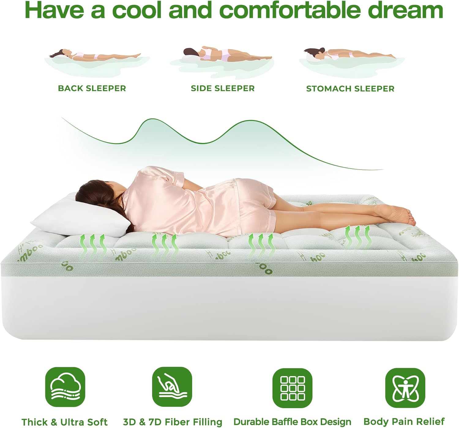 Ultra Soft Mattress Topper King Size Viscose Derived from Bamboo, Thick Pillow Top Mattress Pad Cover for Back Pain, Cooling Mattress Protector with 8-21 Inch Deep Pocket Green King
