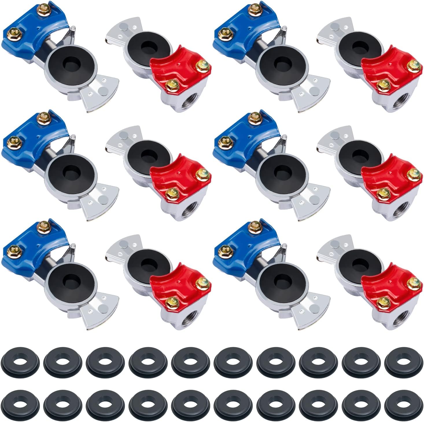 CheeMuii Universal Glad Hands Set: 12 Aluminum Gladhands (6 Red, 6 Blue) + 20 Seals for Trucks, Semi Trailers & RVs