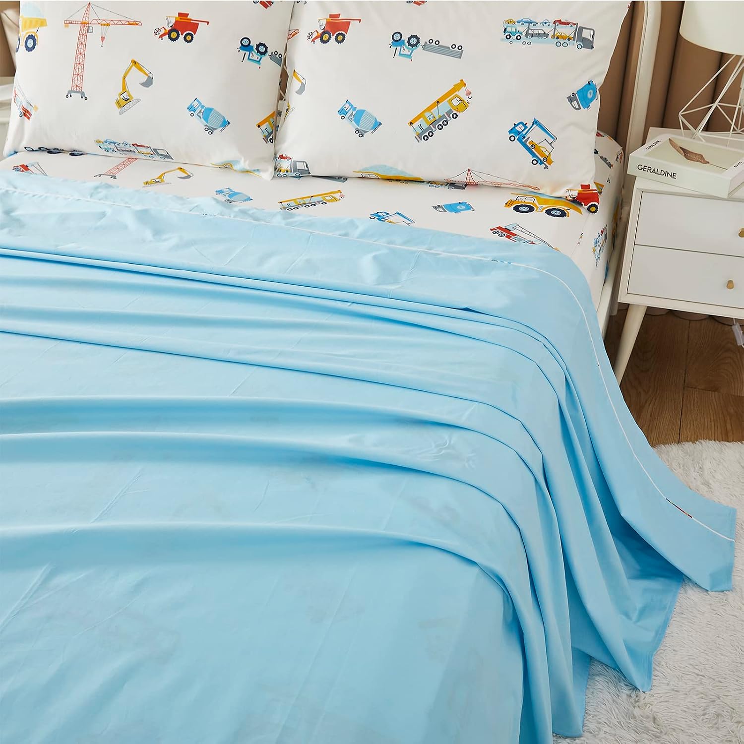 Brandream Queen Size Sheets Set Cotton Kids Construction Bedding Sets Boy Girl Cute Cartoon Top Sheet Fitted Sheet Pillow Cases Set of 4