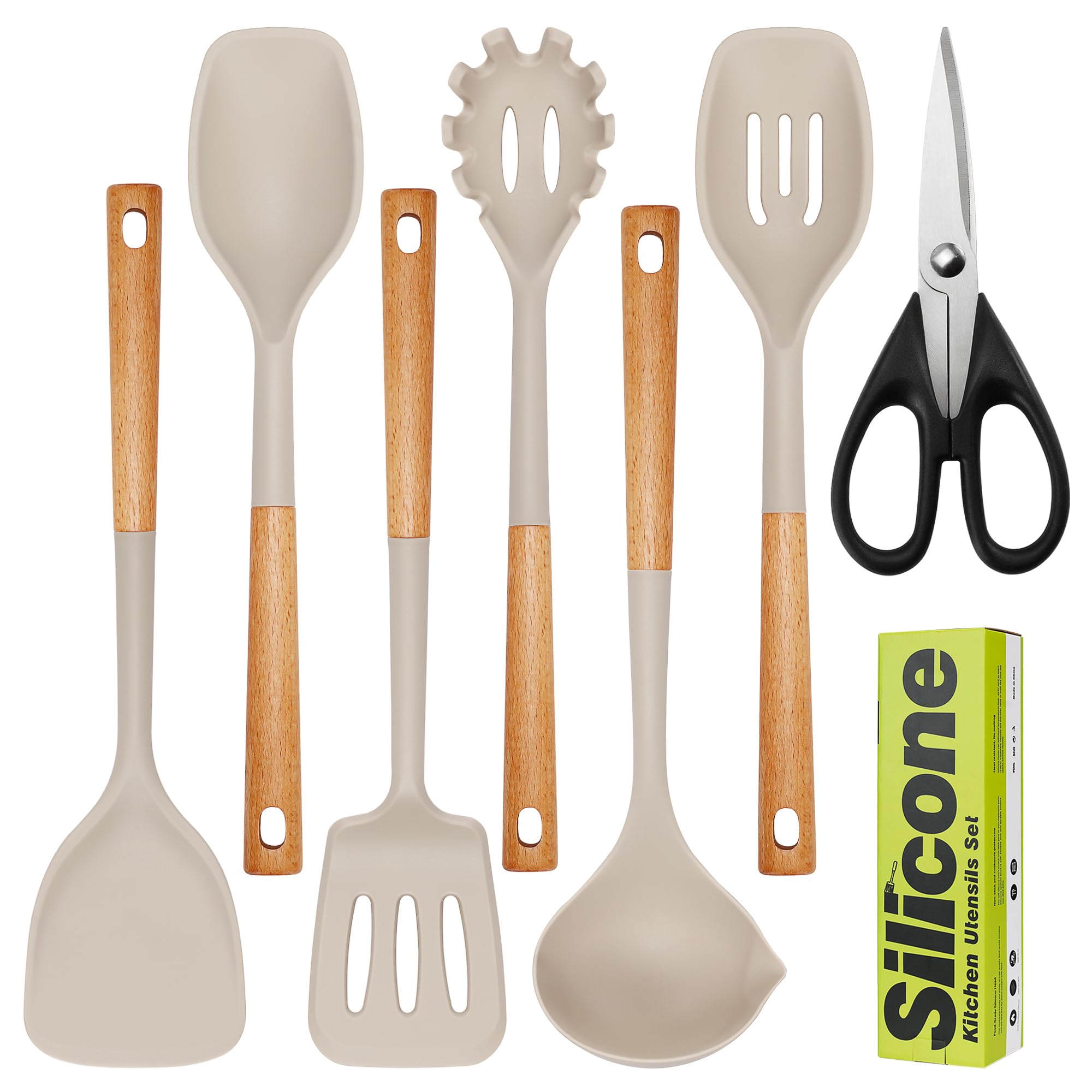 Juego de utensilios de cocina de silicona grandes, 7 piezas, asas de madera, resistentes al calor, utensilios de cocina de silicona de grado alimenticio con soporte, sin BPA, utensilios de cocina