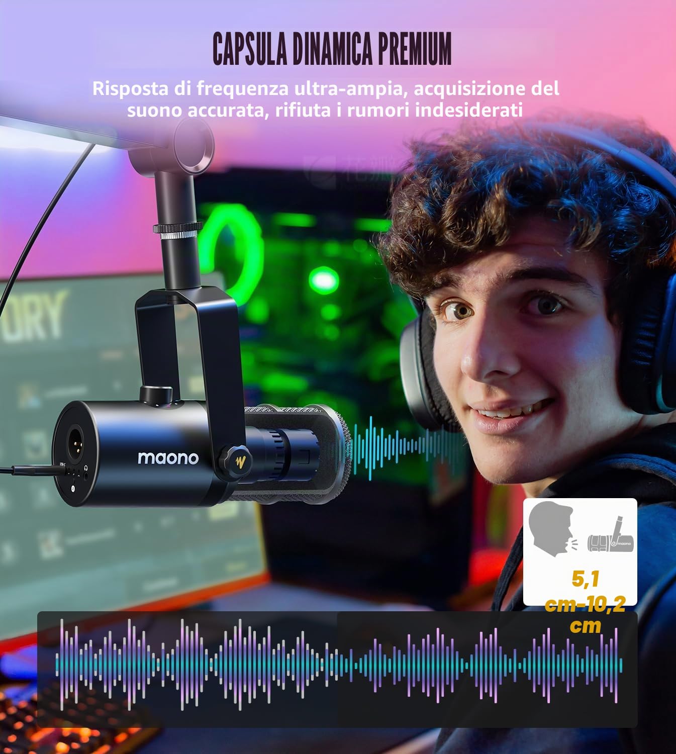MAONO PD400X - Microfono dinamico USB/XLR per PC con software, EQ, Tap-to-Mute, jack cuffie, manopola guadagno e controllo volume. Ideale per trasmissioni, registrazioni, streaming e gaming.