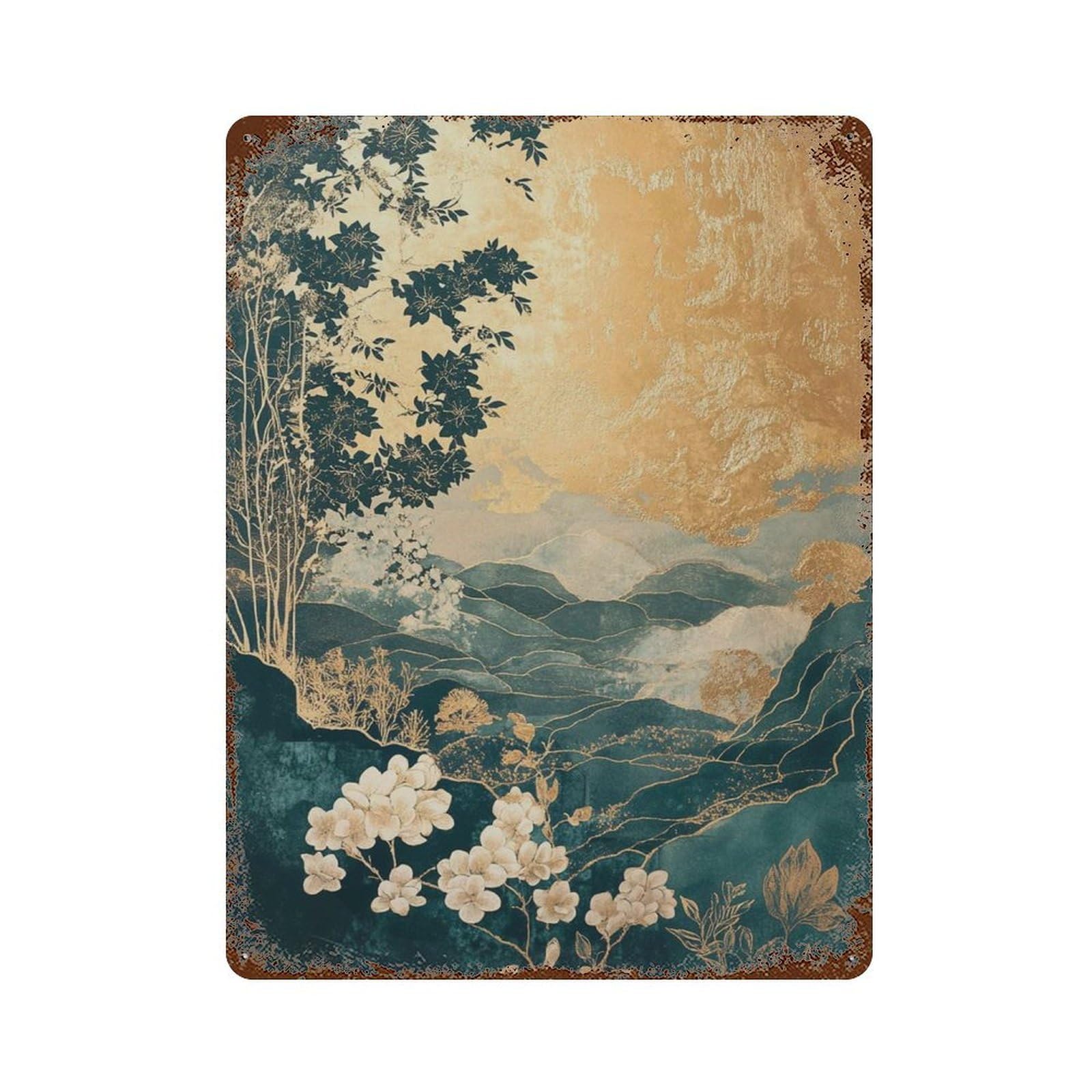 xiaoxiaoshen Golden Oriental Landscape Japanese Wall Decor Art Metal Tin Poster Modern Home Decor Art Home Bar Shop Decorations Vintage Sign 40x30cm