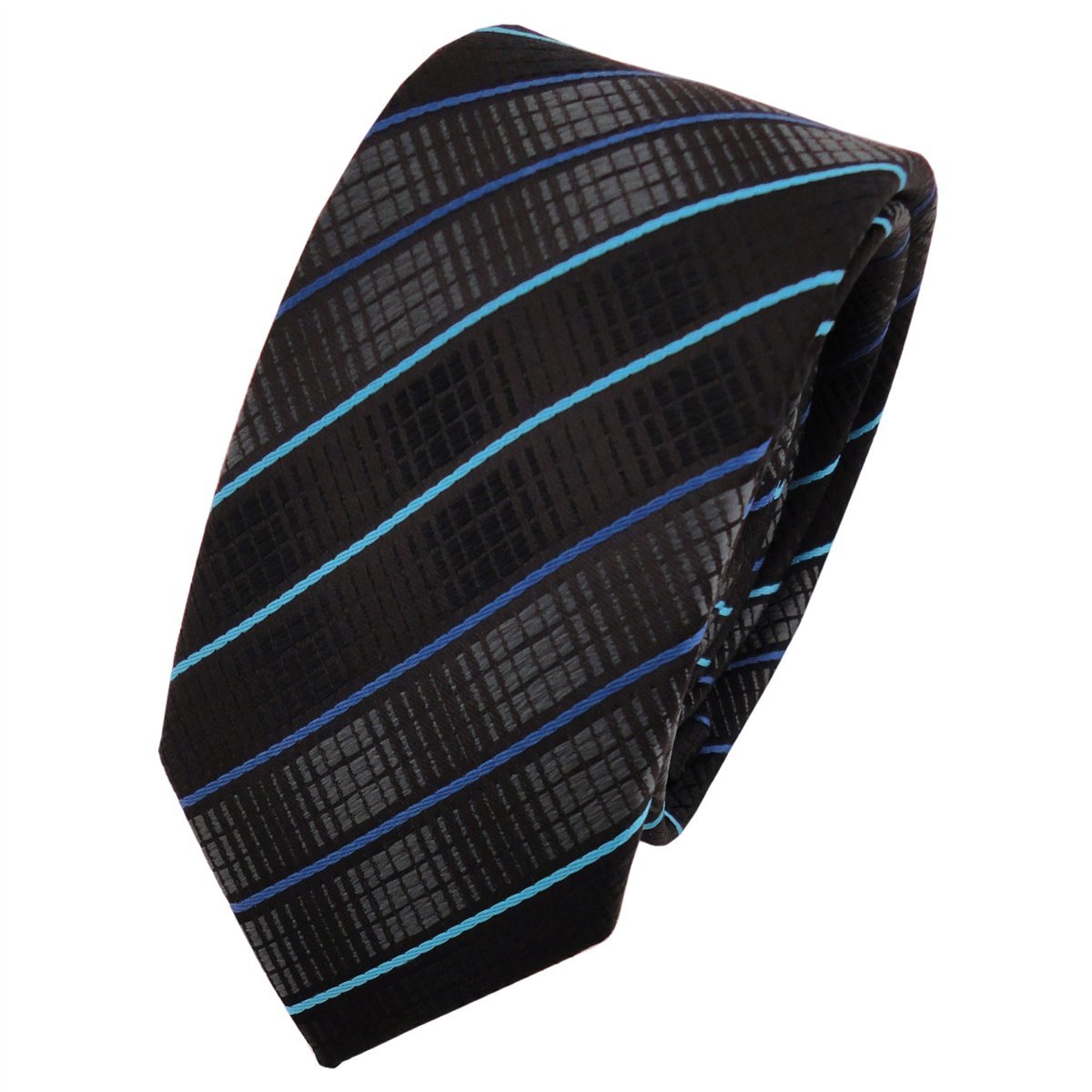 TigerTie narrow Designer tie necktie black anthracite turquoise blue striped