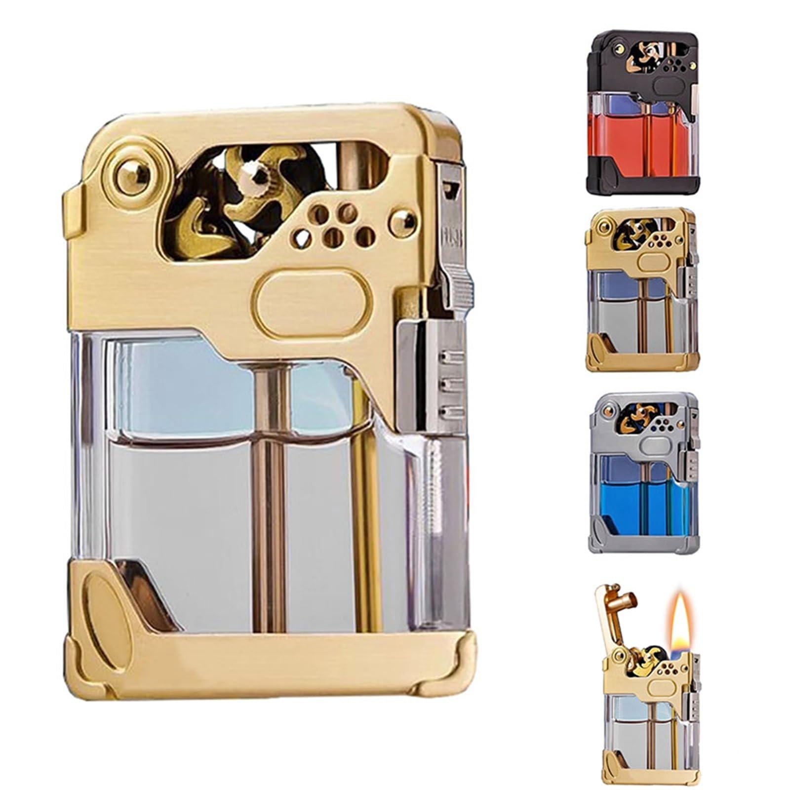 Encendedor de queroseno de metal resistente al viento con depósito de aceite transparente y bloqueo de seguridad, diseño de mecha genial para uso en exteriores, artículo de colección de regalo