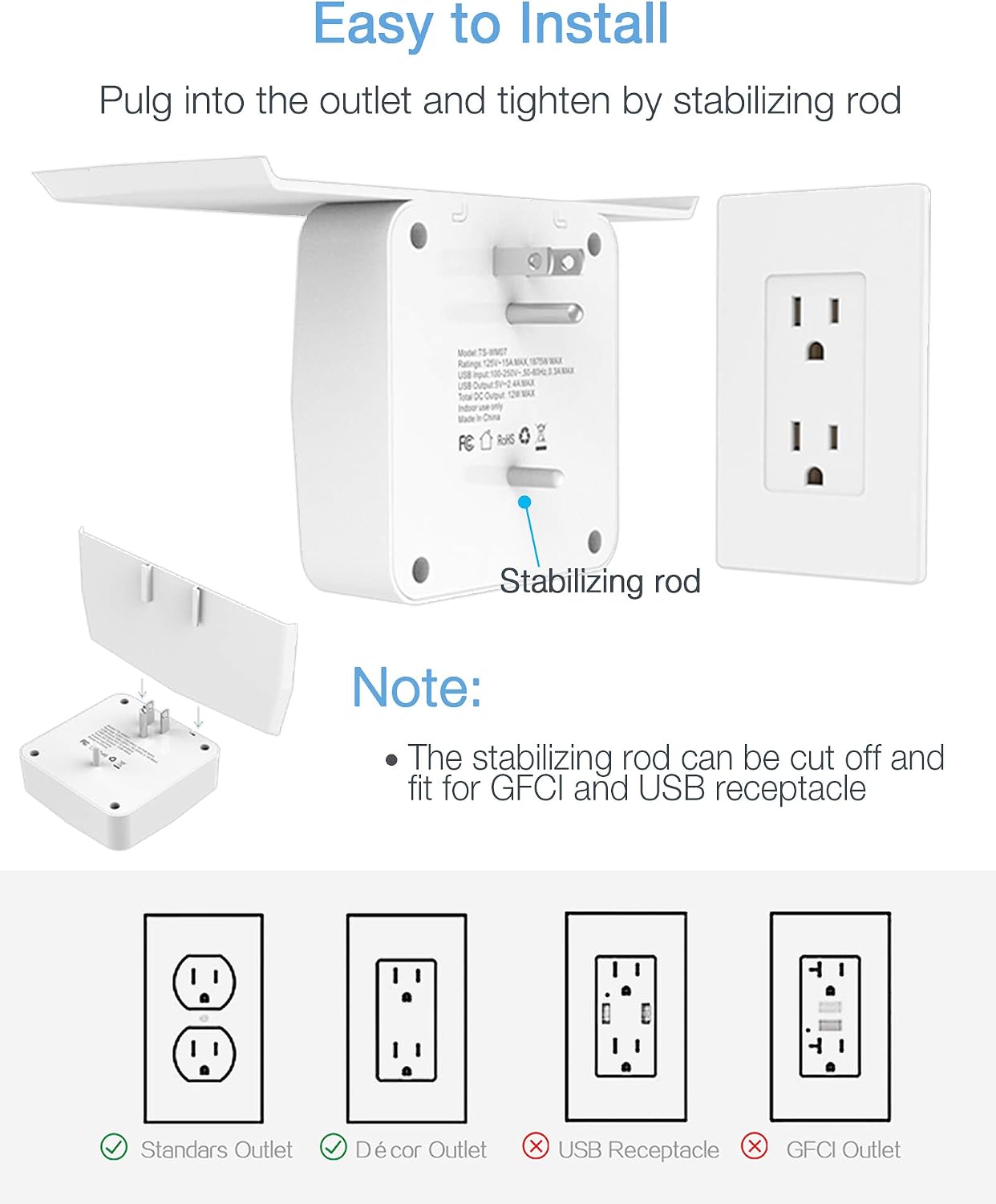 Multi Plug Outlet Extender with 2 USB Wall Charger, Socket Outlet Shelf 3 Electrical Outlet Splitter, Multiple Plug Expander for Bathroom, Bedroom, Dorm Essentials