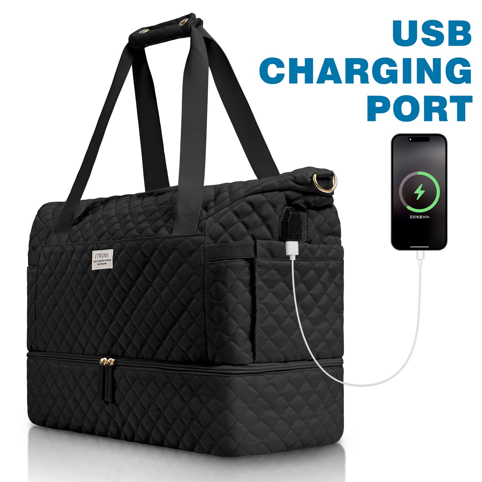 ETRONIK Travel Bag for Women, Gym Duffel Bag with USB Charging Port, Weekender Overnight Bag with Wet Pocket and Shoes Compartment for Women Travel Gym Daily Use (Black)