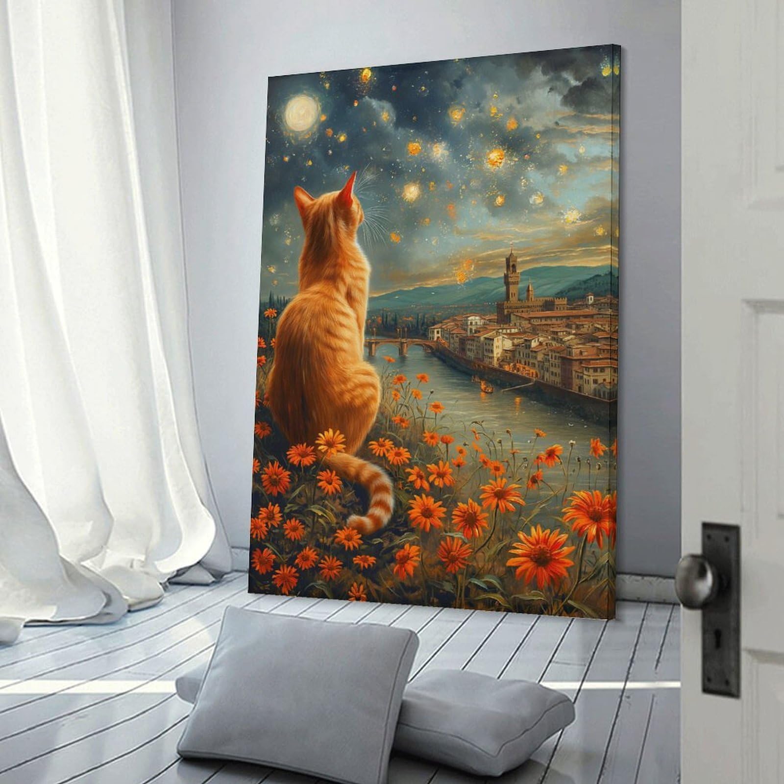 Junmoney Canvas Wall Picture Cat Gazing at Florence Night Sky, 24x36inch(60x90cm), for Bedroom Decor, Cosy Corners Or Studios, A Warm Accent for Relaxed Interiors