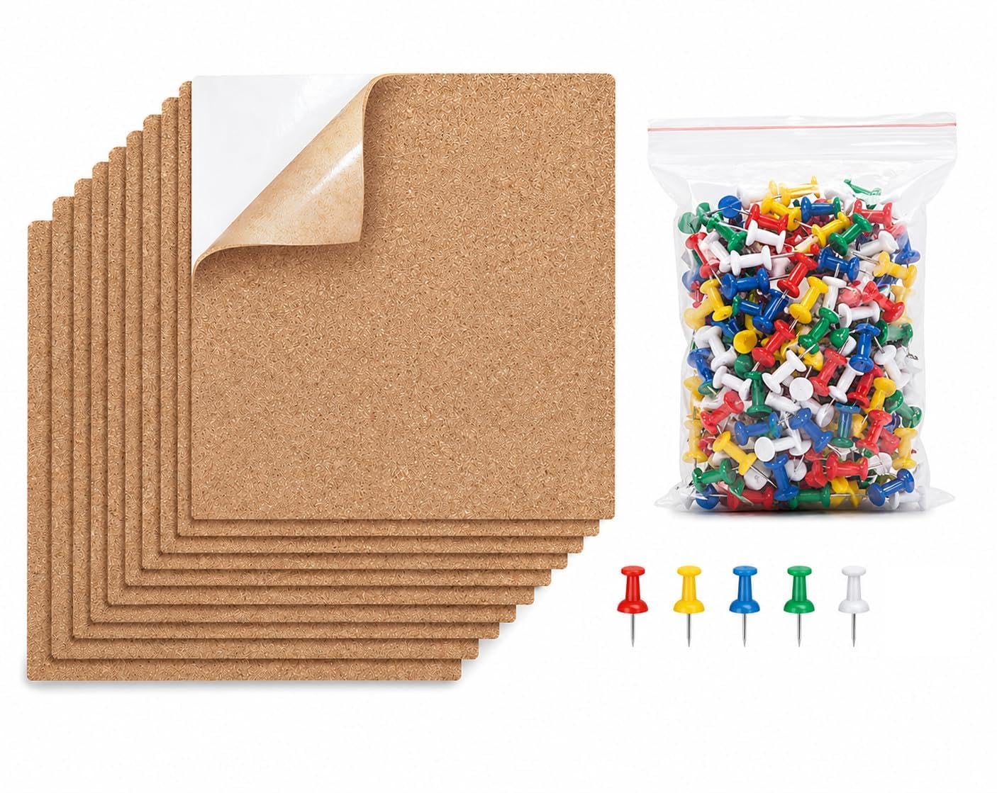 A4 Self Adhesive Cork Board 10PCS with 50 Push Pins 8.3x11.7In Cork Tiles