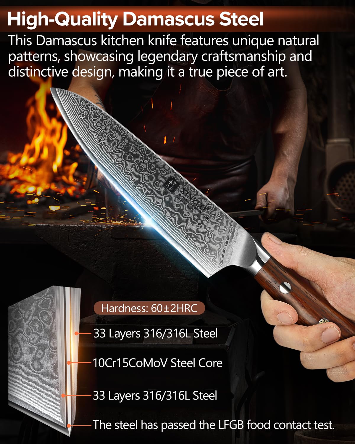 XIZNUO 13,3cm Allzweckmesser Damaststahl Universalmesser, Damaskus 10Cr15CoMoV Stahlkern Obstmesser Scharfe Schälmesser, Multifunktions Profi Küchen Chefmesser-mit Rosenholz Griff