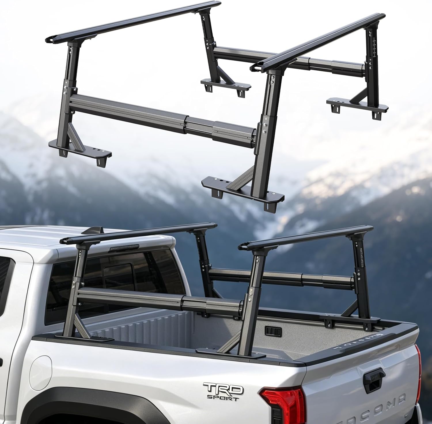 Heavy Duty Lightweight Aluminum Truck Bed Ladder Rack with Side Bars, 1500 LBS Capacity Stepless Height Adjustable 19"-25", Body Angle Matched Design, Fit Toyota Tacoma Jeep Gladiator Mid-Size Pickup