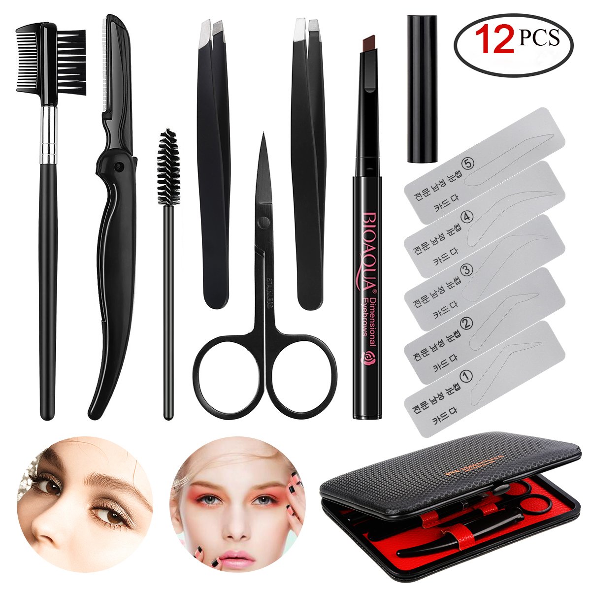 Eyebrow Razor Kit for Women, Grooming Tools with 4 PCS Premium Eyebrow Tweezers, Eyebrow Razor with Comb, Eyebrow Scissors, 10 PCS Eyebrow Stencil Kit (Rose Gold Eyebrow Kit-Dark Brown Eyebrow Pencil): Beauty