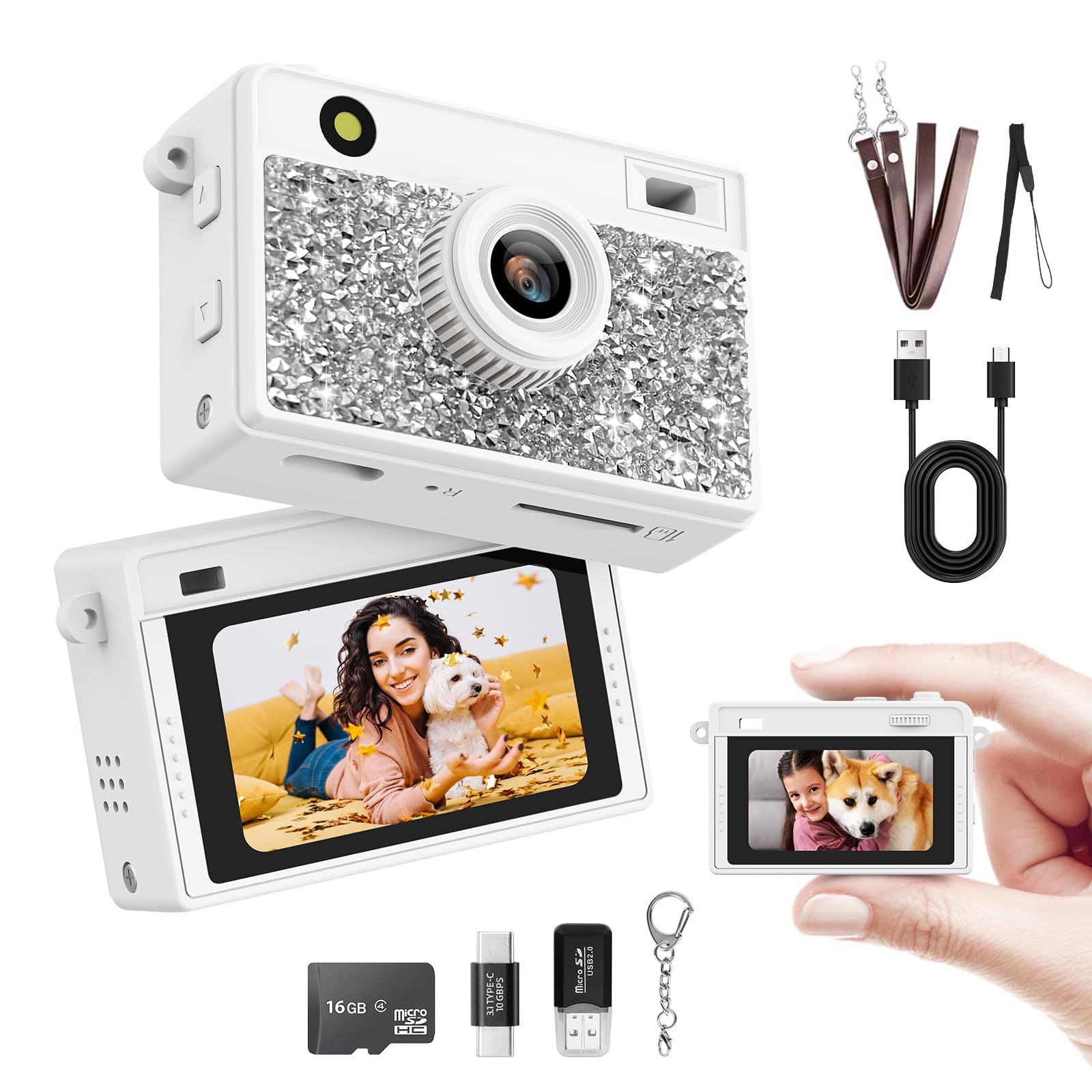 HOTU Mini Keychain Camera, 2K 20 MP Mini Digital Camera (White Rhinestone)