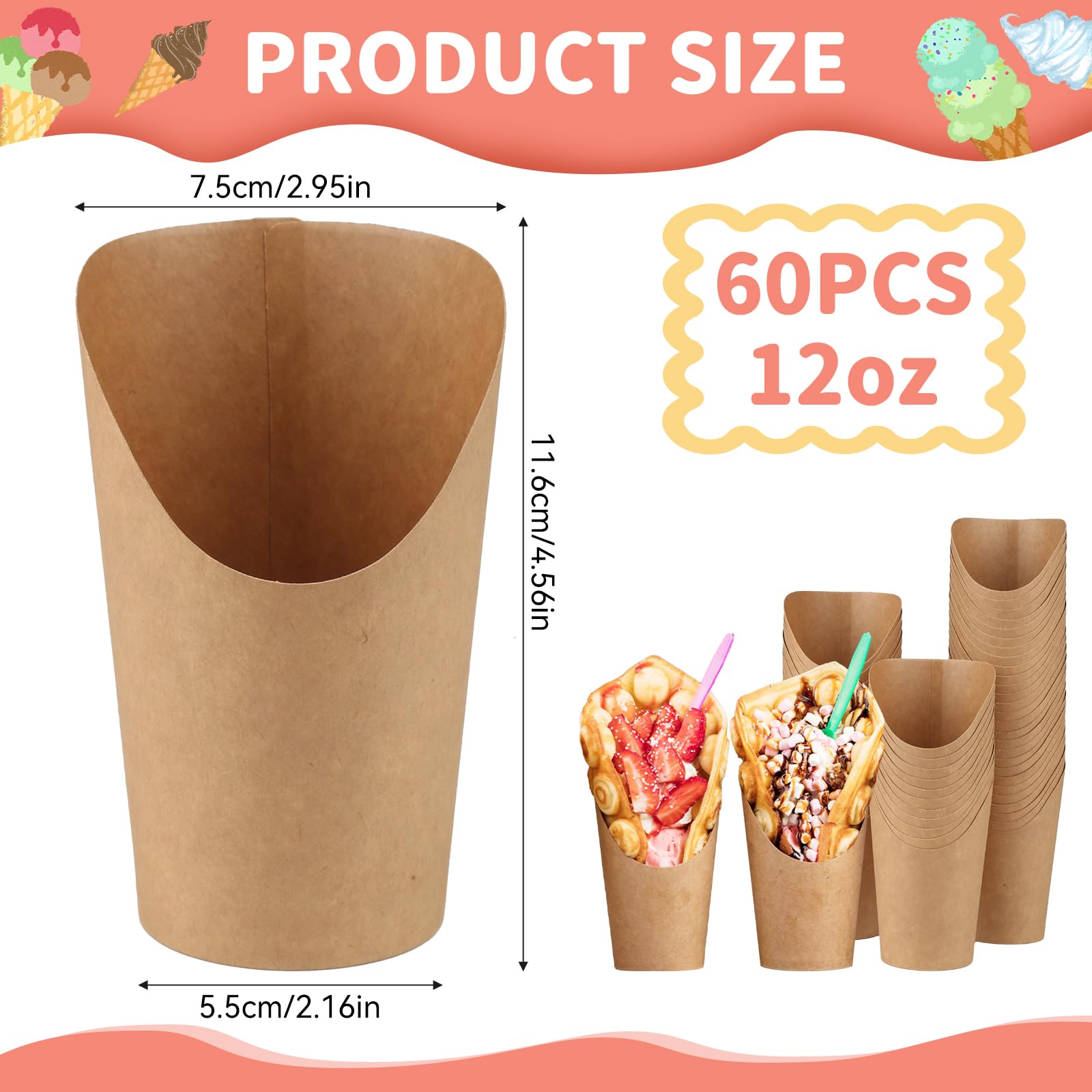 GUOYIHUA Pack of 60 Kraft Paper Cups, 12 oz Waffle Cups, Chip Paper Bags, Popcorn Bags, Snack Paper Cups with Slanted Mouth - Image 2