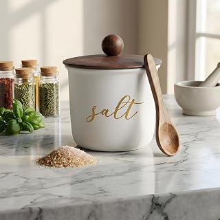 Ovil Deco Metal Salt Storage Canister with Airtight Acacia Wood Lid, 800ml, Food Safe Kitchen Storage Container, White, wi... Price In India