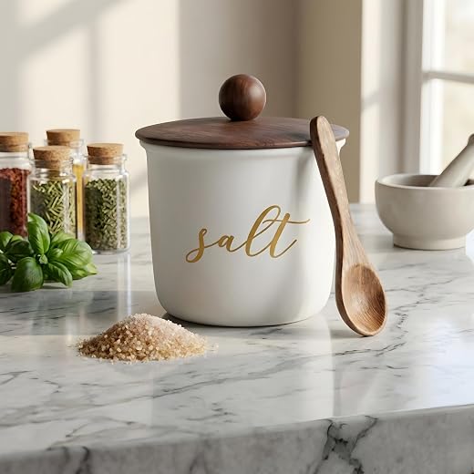 Ovil Deco Metal Salt Storage Canister with Airtight Acacia Wood Lid, 800ml, Food Safe Kitchen Storage Container, White, wi...