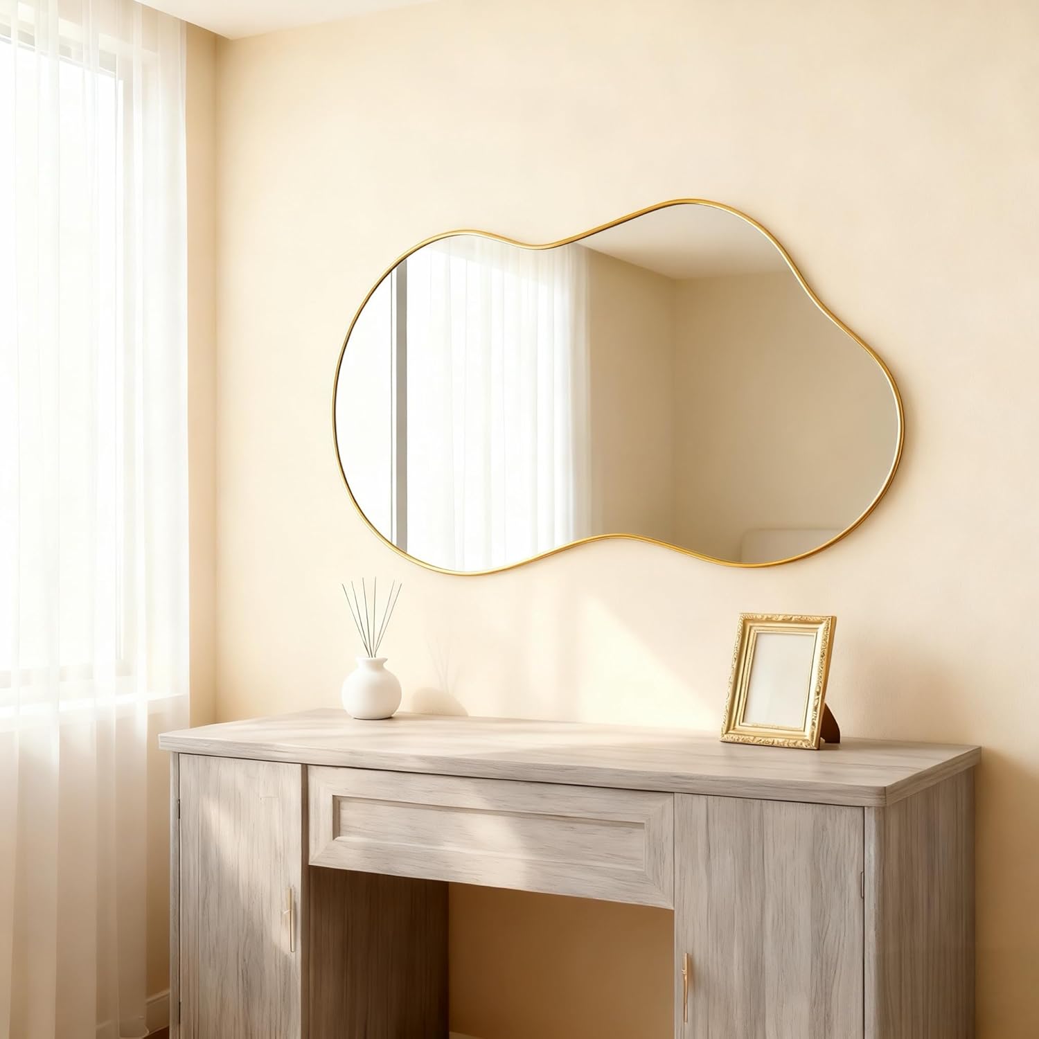 Itrue 26×46 Inch Irregular Wall Mirror, Brushed Gold Metal Frame Asymmetrical Bathroom Vanity Mirror, Silver-Backed HD Tempered Glass Mirror for Over Sink, Living Room, Entryway