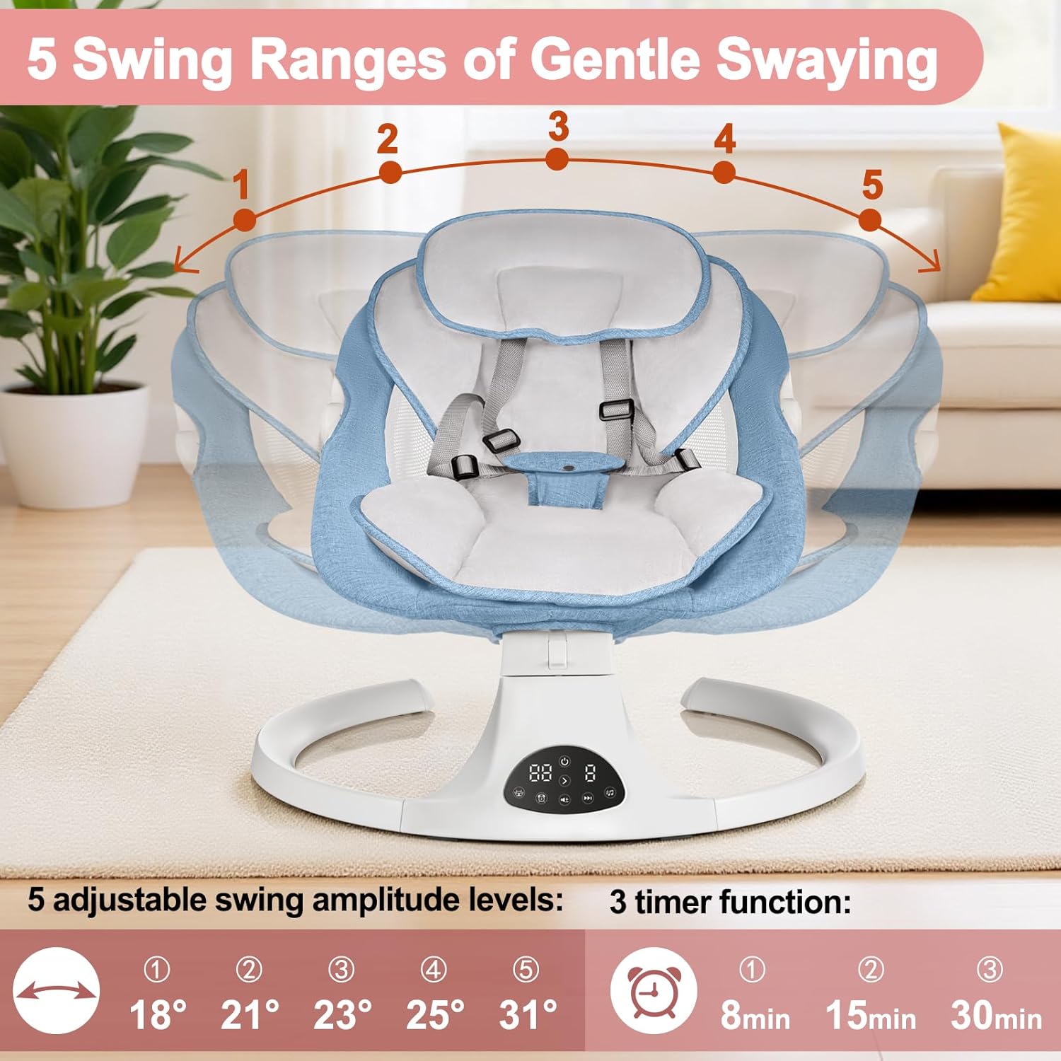 Baby Swing for Newborn to Toddler, 5 Speed Portable Infant Swing with Smart Touch Control, Remote Control, 10 Lullabies, Timer, 5 Point Harness and Soft Fabric (Blue)