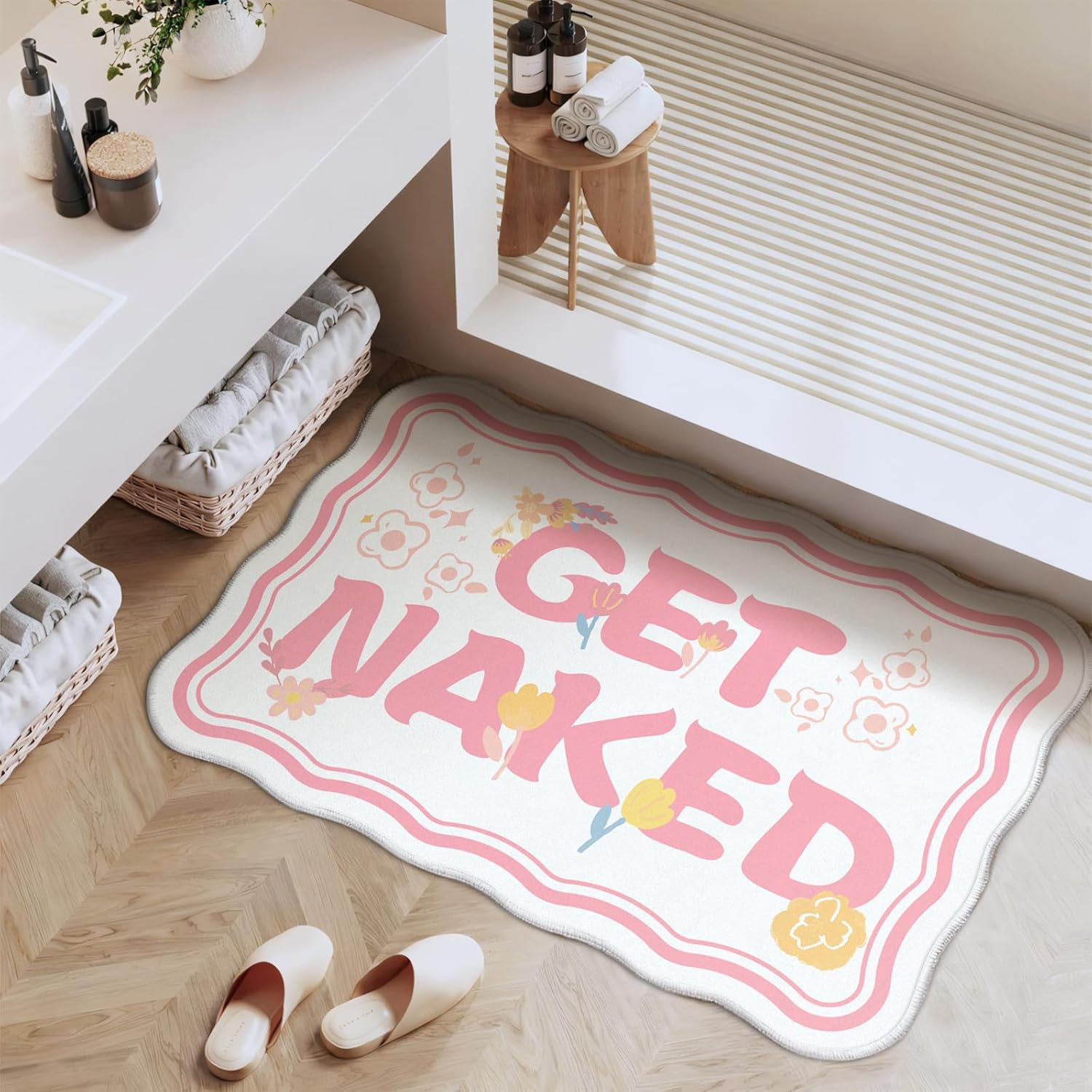 Get Naked Bath Mat, Scalloped Pink Ultra Thin Soft Non Slip Absorbent Machine Washable Bathroom Runner Rug, Large Long Quick Dry Low Pile Fluffy Cute Funny Bath Rugs for Bathroom Floor