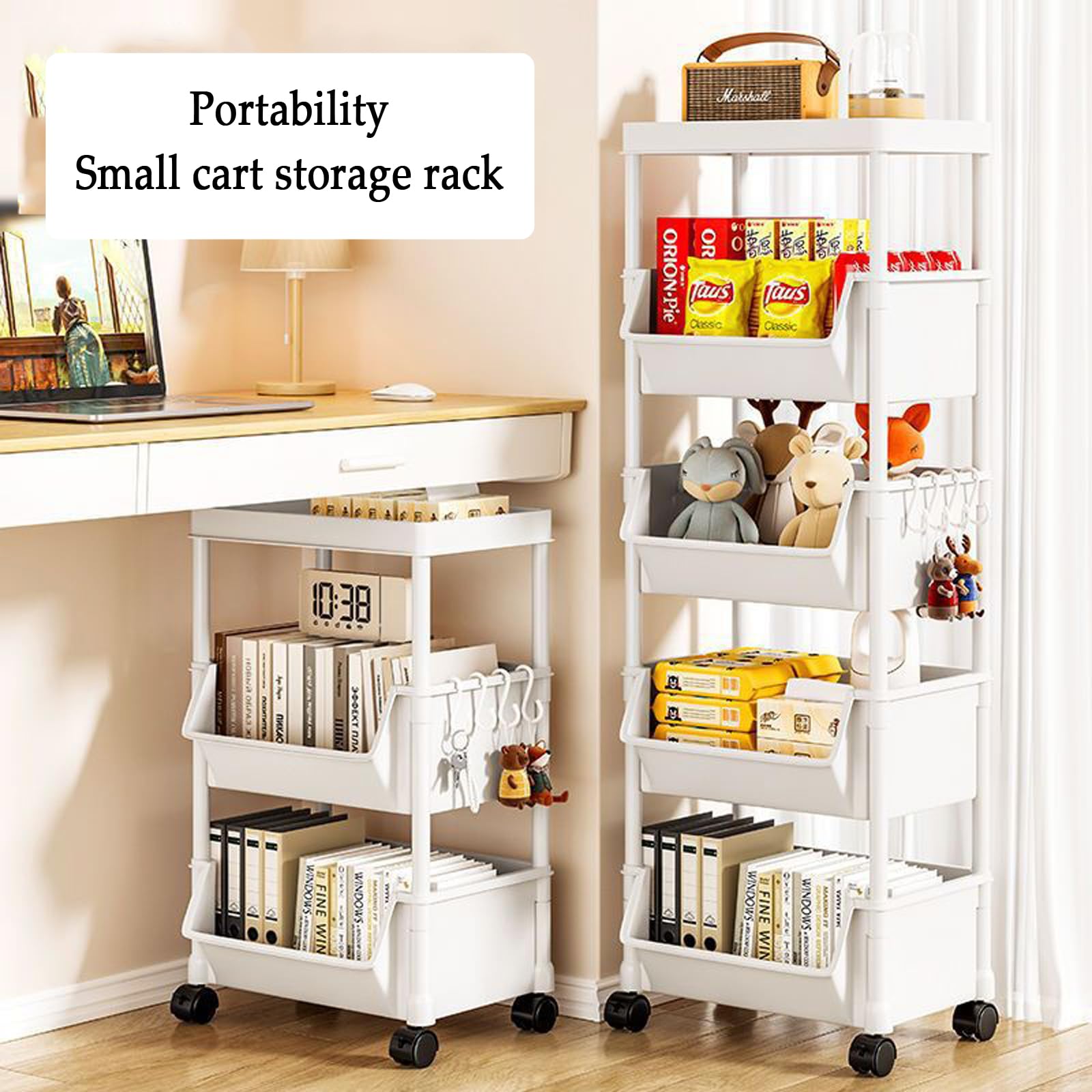 Scaffale sottile a 4 ripiani con rotelle, per cucina e prodotti di bellezza, libreria compatta su ruote