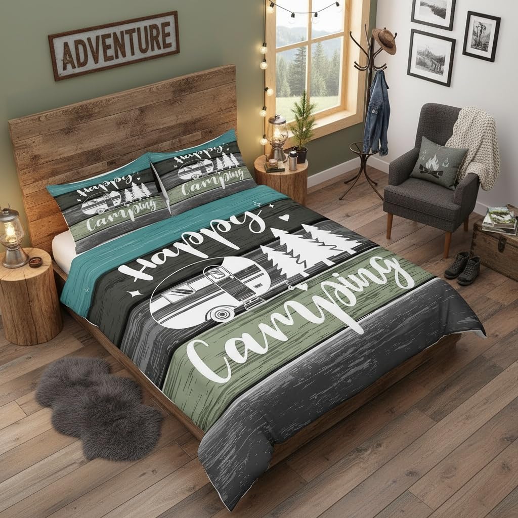 Castle Fairy Camper Must Haves 2023 Decorations,Camper RV Inside Decor Duvet Cover for Boys Girls Teens Adults,Vintage Grey Green Barn House Door Bedroom Decor Soft Comforter Cover with 2 Pillowcases