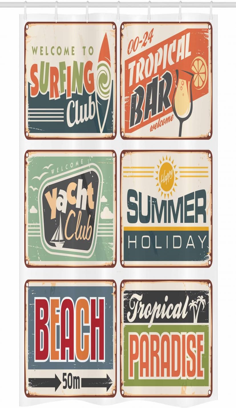 Ambesonne Retro Stall Shower Curtain, Summer Holiday Vintage Camping Beach Sign Boards in Old Style Faint Colors Art Print, Fabric Bathroom Decor Set Hooks, 36" W x 72" L, White Eggshell Almond Green