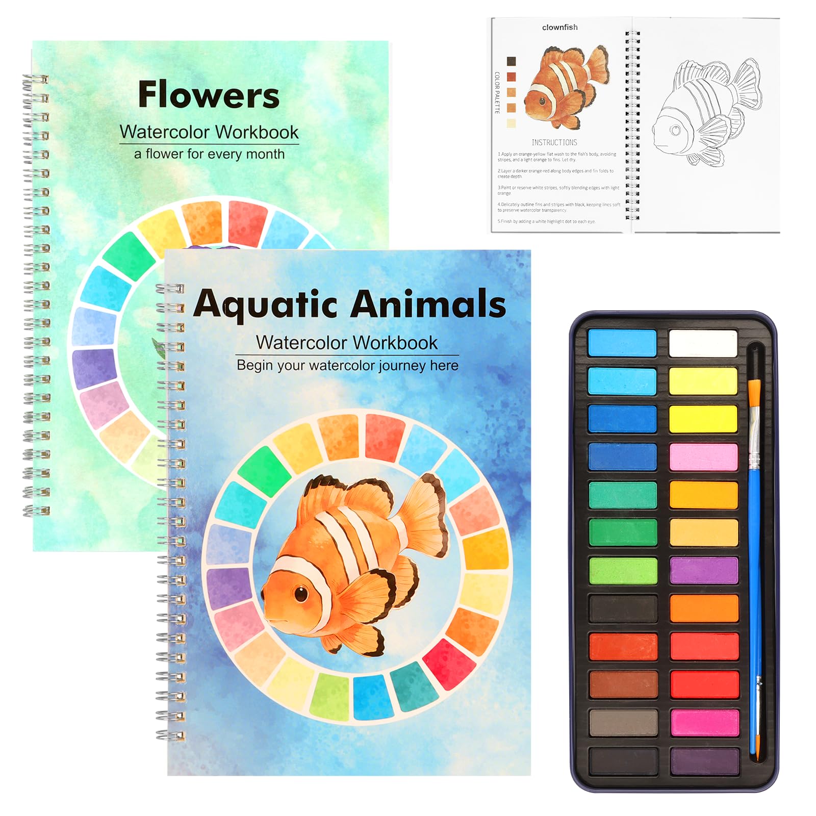 BLSFXROE Watercolor Workbook (Flower+Ocean（24 Colors）)