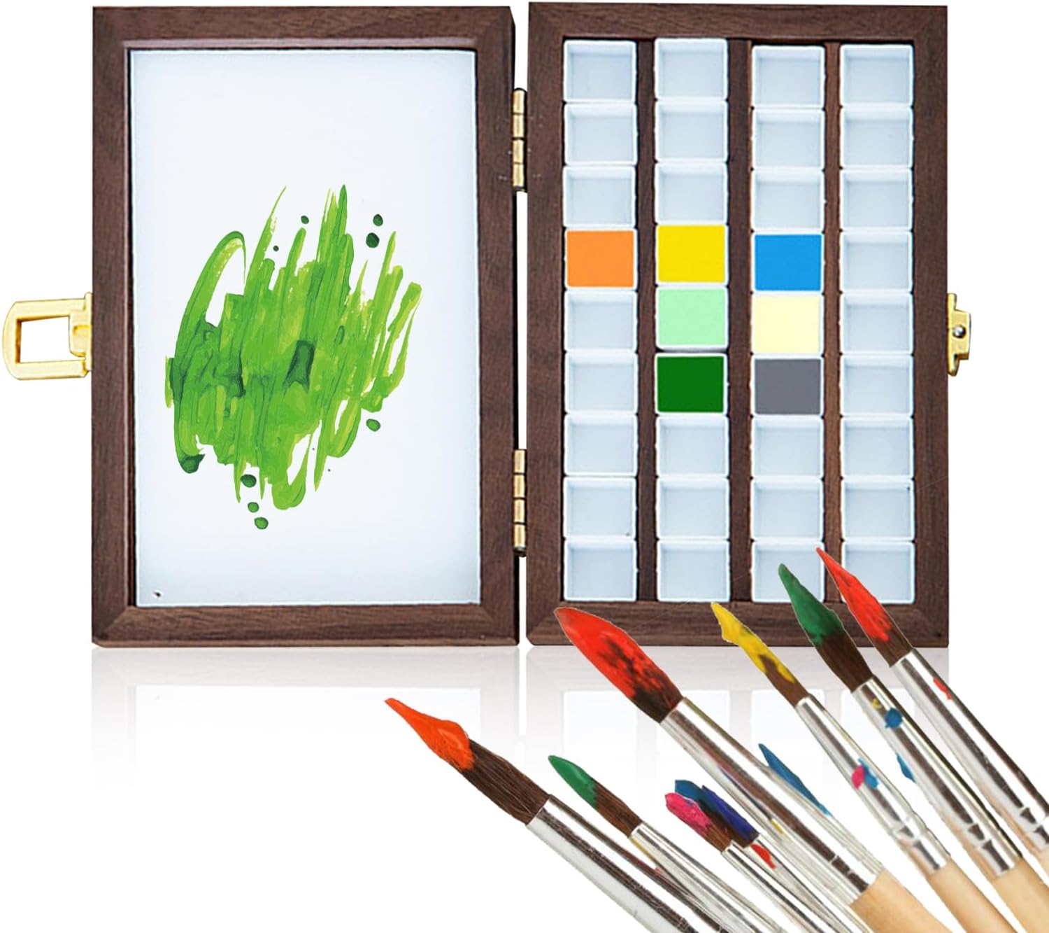 BeauFairy 36 kleuren houten raster verfdoos, draagbaar schetsboek palet, kleurenpalet doos, aquarel palet, gouache acryl verf doos, reizen hout verf caselade, cadeau voor schilders kunstenaars, 012