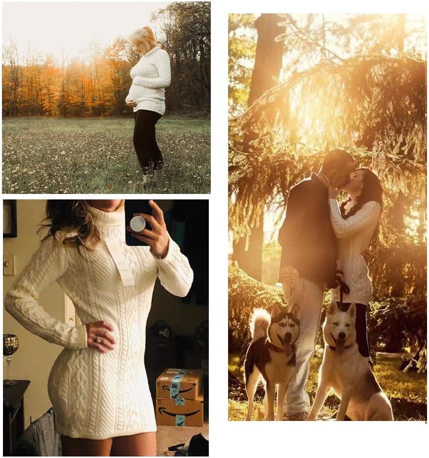 v28 Women Polo Neck Long Slim Fitted Dress Bodycon Turtleneck Cable Knit Sweater - Image 5