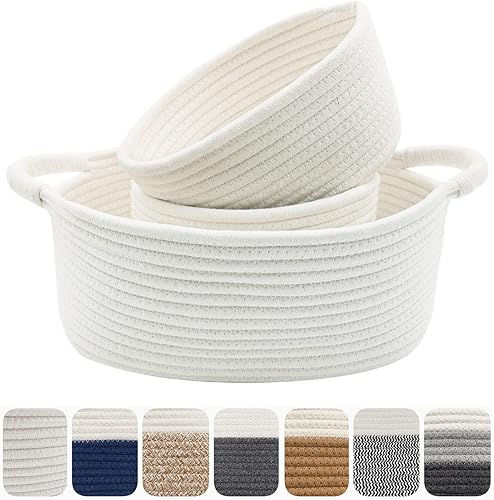 Zalaxt Cestas de almacenamiento de cuerda de algodón, 3 cestas tejidas para almacenamiento para organizar pañales y juguetes de bebé, cesta bohemia