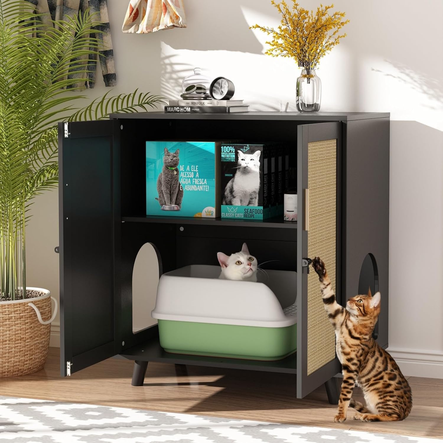 Lovinouse Large Cat Litter Box Enclosure,Hidden Kitty Litter Furniture with Sisal Covered Doors,2-Layer Wooden Cat Washroom Cabinet w/Adjustable Shelf, Side Table for Living Room,Black