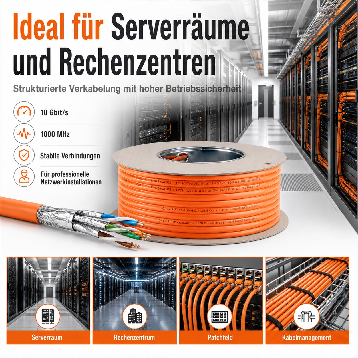 1aTTack.de Câble d'installation CAT 7 Câble réseau GHMT Câble d'installation LAN CAT.7 sans halogène Câble CAT7 Câblage réseau Câble de données Gigabit cuivre Ethernet 100m
