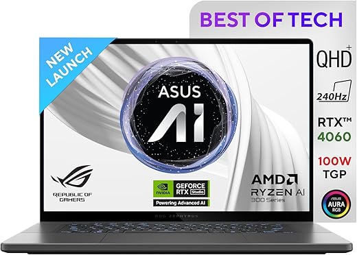 ASUS ROG Zephyrus G16, Gaming Laptop, 16″ ROG Nebula Display, 240Hz 500 nits, AMD Ryzen AI 9 HX 370 (16GB RAM/1TB SSD/NVIDIA GeForce RTX 4060/Win…
