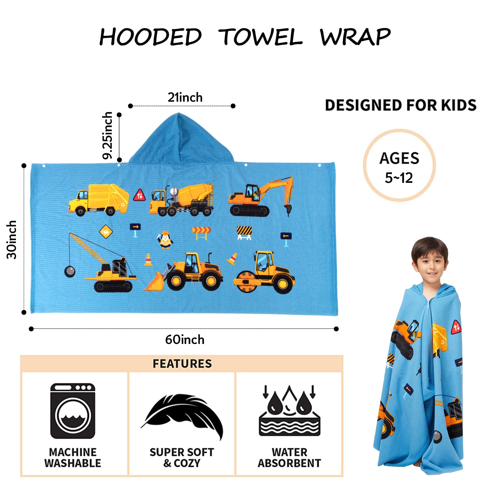 Gealaek Kapuzenhandtuch für Kleinkinder von 5–12 Jahren, Jungen, Mädchen, Kinder, Bad, Pool, Strandtuch, Wickeltuch, extra groß, weich, saugfähig, Strandponcho (Baustelle XL)
