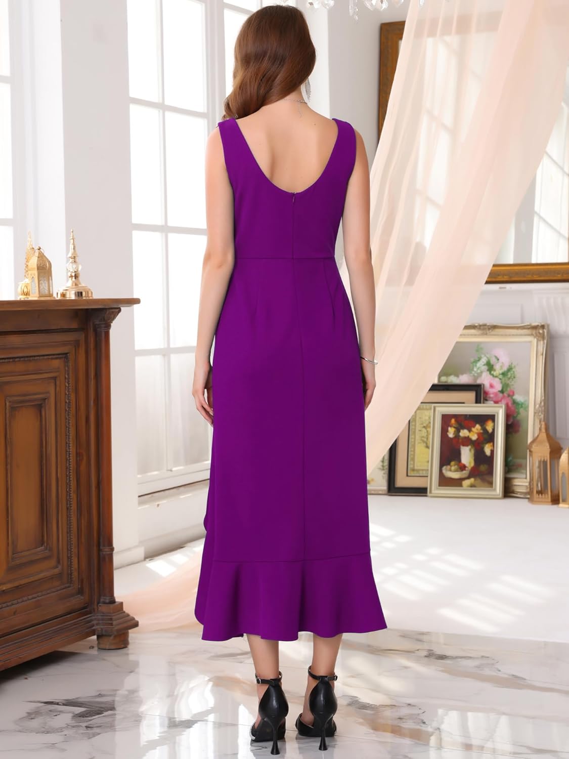 Women's High Low Cocktail Dress Ruffles Split Hem Sleeveless Wedding Guest Dresses - Image 4